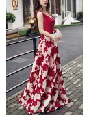 Formal Long Burgundy Flowers Party Prom Dress Sleeveless