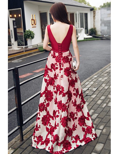 Formal Long Burgundy Flowers Party Prom Dress Sleeveless