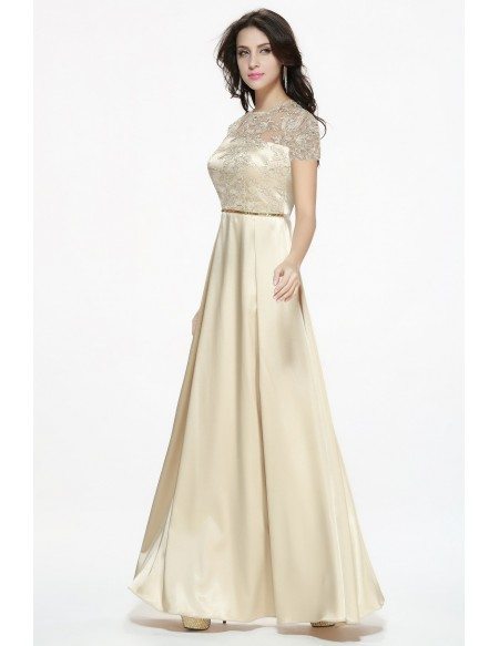 Elegant Gothic Champagne Long Satin Evening Dress with Lace Bodice