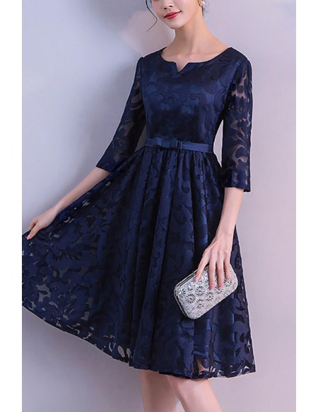 Navy Blue Lace Modest Homecoming Dress With Sleeves #J1546 - GemGrace.com