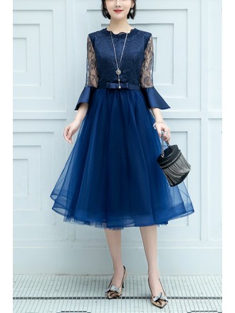 Blue Tulle Tea Length Semi Party Dress With Lace Flare Sleeves