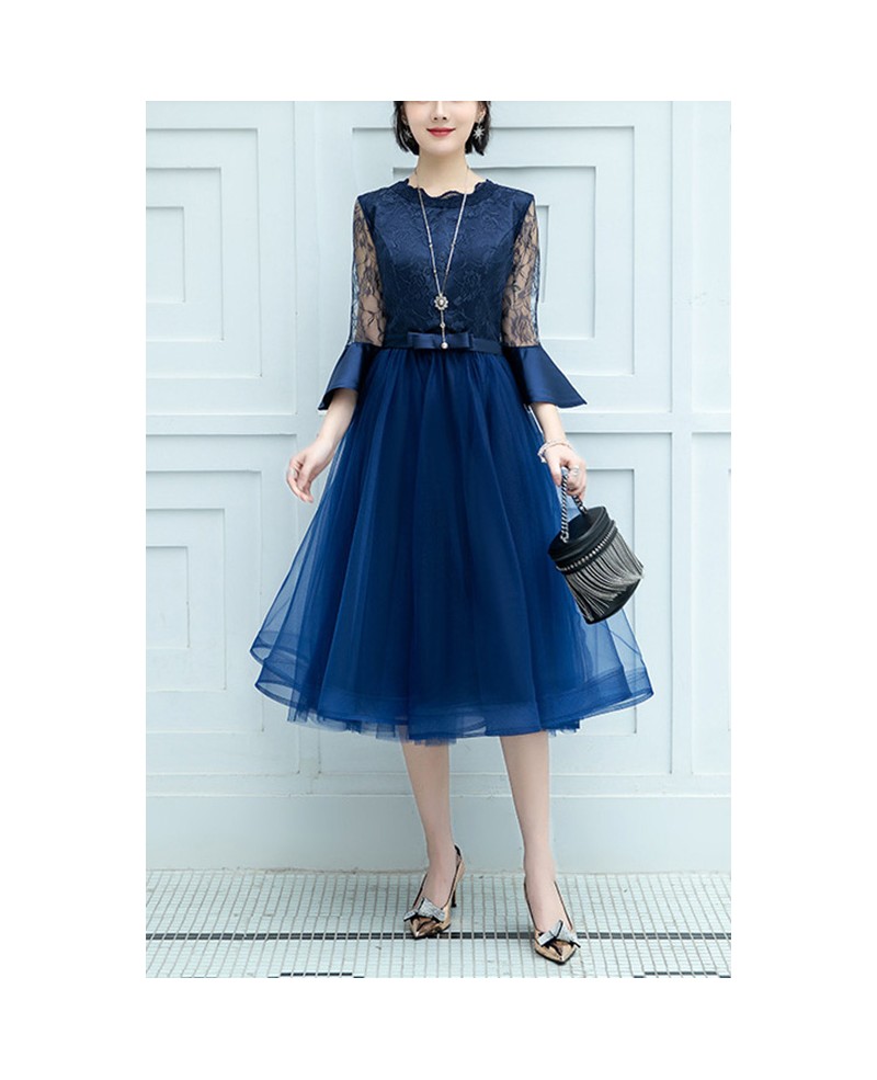 Blue Tulle Tea Length Semi Party Dress With Lace Flare Sleeves #J1441 ...