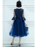 Blue Tulle Tea Length Semi Party Dress With Lace Flare Sleeves