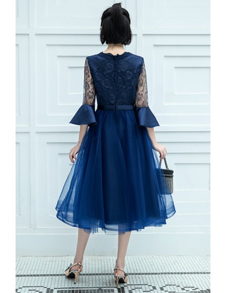 Blue Tulle Tea Length Semi Party Dress With Lace Flare Sleeves #J1441 ...