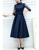 Navy Blue Midi Wedding Party Guest Dress With Collar Sheer Sleeves