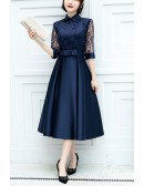 Navy Blue Midi Wedding Party Guest Dress With Collar Sheer Sleeves