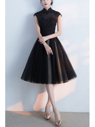 Black Tulle Knee Length Homecoming Dress With Sequined Lace