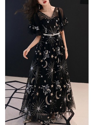 Dreamy Long Black Moon And Stars Party Dress With Puffy Sleeves