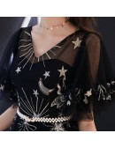 Dreamy Long Black Moon And Stars Party Dress With Puffy Sleeves