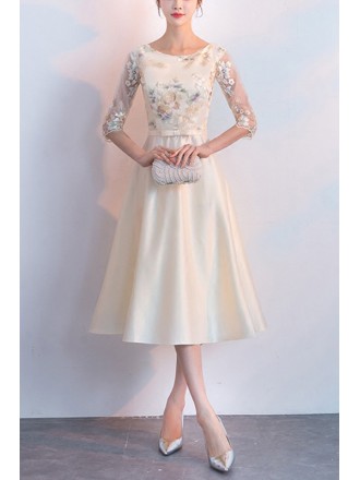 Elegant Champagne Fall Wedding Guest Dress With Embroidery Flowers