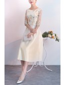 Elegant Champagne Fall Wedding Guest Dress With Embroidery Flowers
