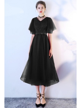 Modest Aline Black Tulle Tea Length Dress With Puffy Sleeves