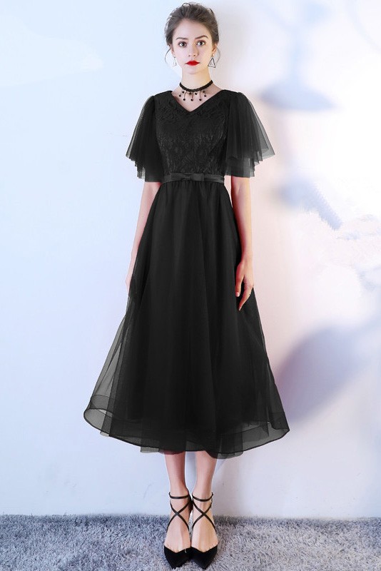 Modest Aline Black Tulle Tea Length Dress With Puffy Sleeves J1475
