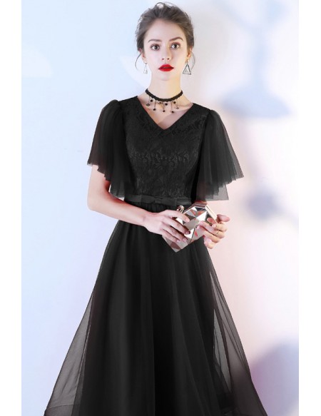 Modest Aline Black Tulle Tea Length Dress With Puffy Sleeves #J1475 ...