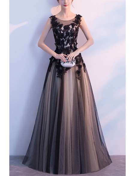 Flowy Long Black Tulle Prom Party Dress With Appliques