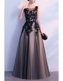 Flowy Long Black Tulle Prom Party Dress With Appliques