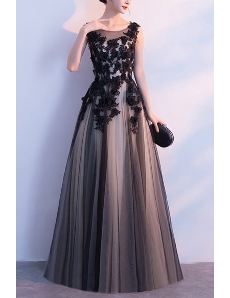 Flowy Long Black Tulle Prom Party Dress With Appliques #J1563 ...
