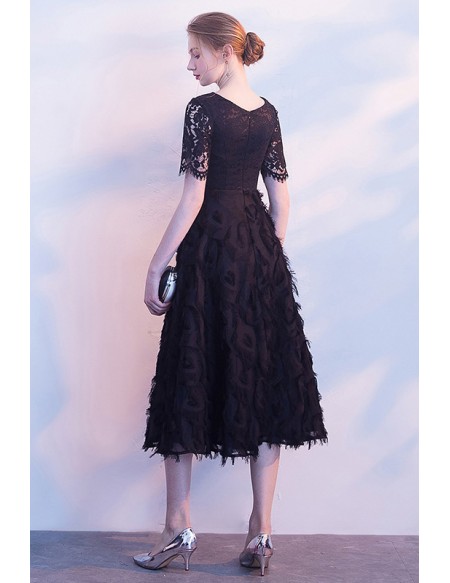 Unique Black Lace Tea Length Semi Formal Dress With Sleeves