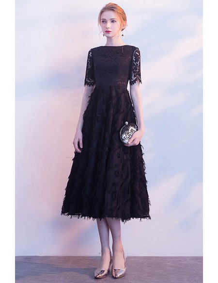 Unique Black Lace Tea Length Semi Formal Dress With Sleeves