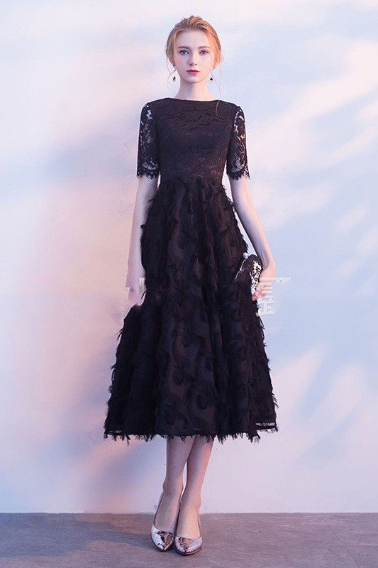 Unique Black Lace Tea Length Semi Formal Dress With Sleeves #J1465 ...