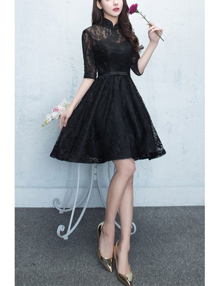 Black Lace Tea Length Homecoming Dress With Collar