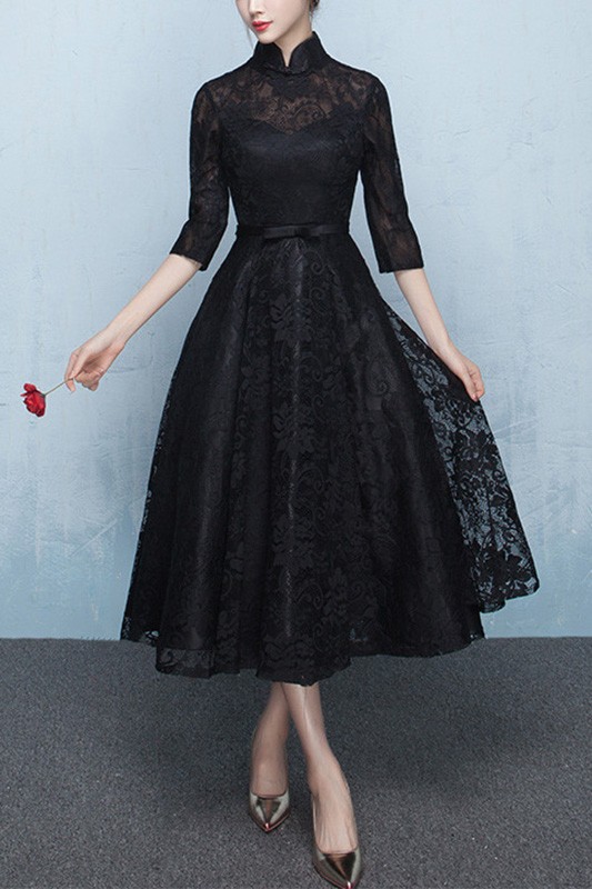 Black Lace Tea Length Homecoming Dress With Collar #J1440 - GemGrace.com