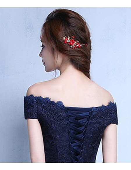 Lace Satin Navy Blue Hoco Dress Tea Length With Off Shoulder