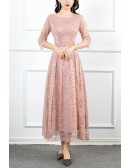 Slim Aline Lace Tea Length Semi Formal Dress With Sleeves