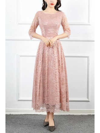 Slim Aline Lace Tea Length Semi Formal Dress With Sleeves