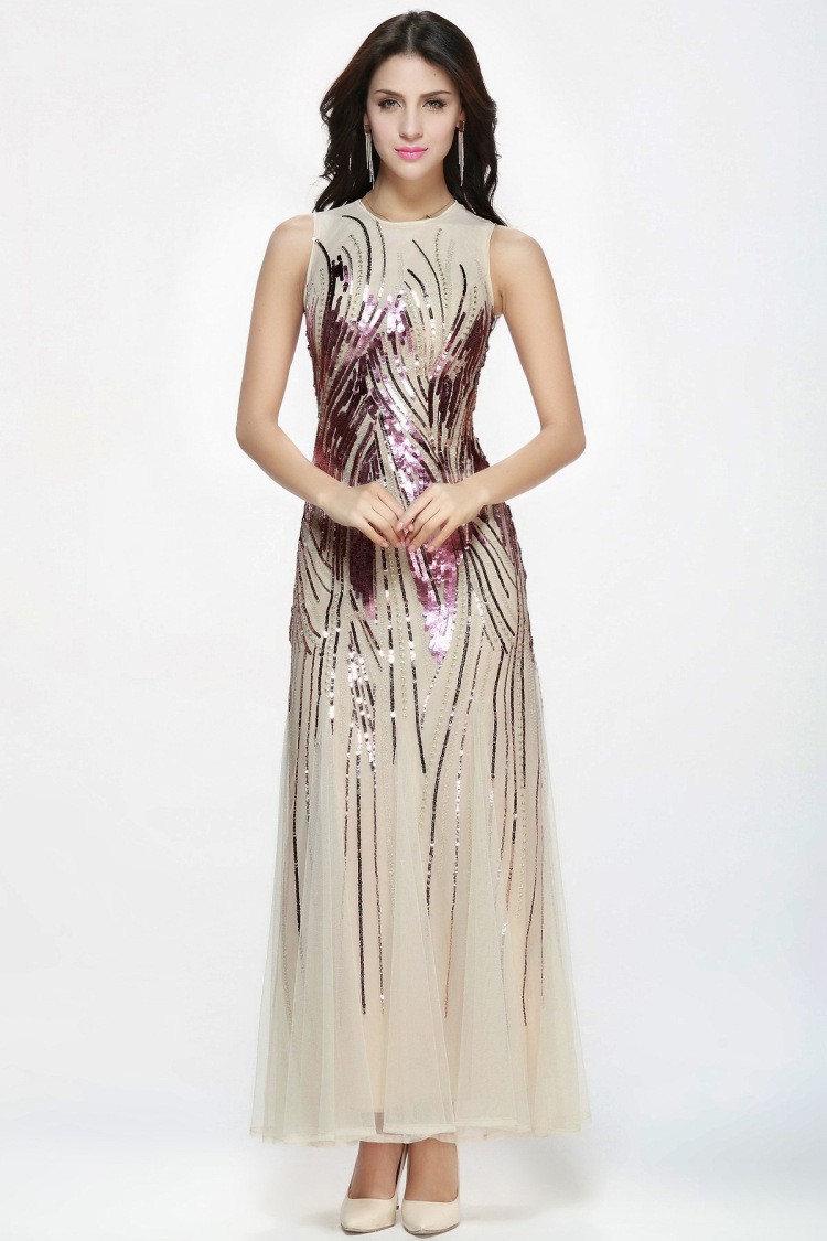 High Neck Fitted Sparkly Sequined Modest Dresses with Empire Waist 