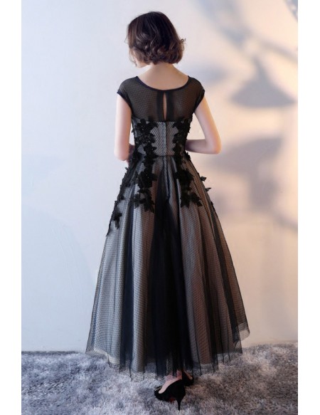 Retro Tea Length Black Homecoming Dress With Polka Dot Mesh