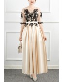 Elegant Beaded Lace Wedding Party Dress Satin With Sheer Sleeves