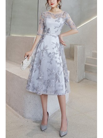 Floral Lace Aline Wedding Guest Dress With Sheer Neckline