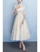 Elegant Champagne Lace Wedding Party Dress With Collar