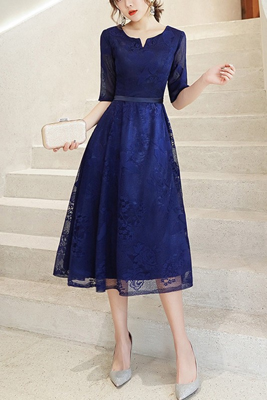 Royal Blue Midi Wedding Guest Dress With Half Sleeves #J1569 - GemGrace.com