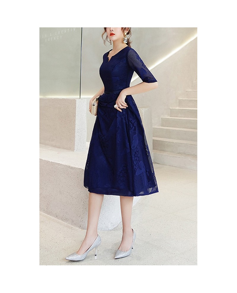 Royal Blue Midi Wedding Guest Dress With Half Sleeves J1569 GemGrace