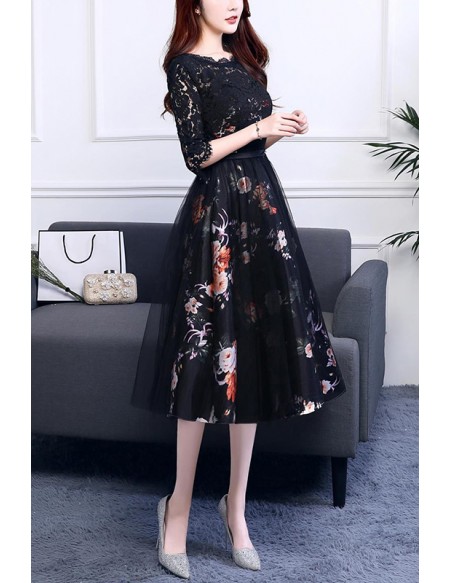Black Lace Floral Prints Party Dress With Half Sleeves #J1474 ...