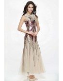 High Neck Fitted Sparkly Sequined Modest Dresses with Empire Waist