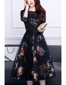 Black Lace Floral Prints Party Dress With Half Sleeves