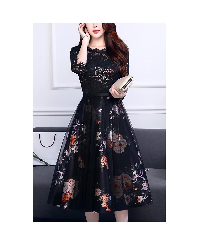 Black Lace Floral Prints Party Dress With Half Sleeves #J1474 ...