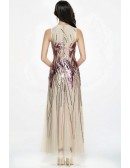 High Neck Fitted Sparkly Sequined Modest Dresses with Empire Waist