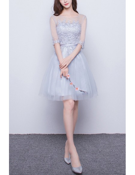 Pretty Appliques Short Tulle Graduation Hoco Dress With Sheer Sleeves