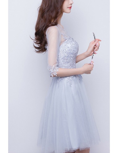 Pretty Appliques Short Tulle Graduation Hoco Dress With Sheer Sleeves