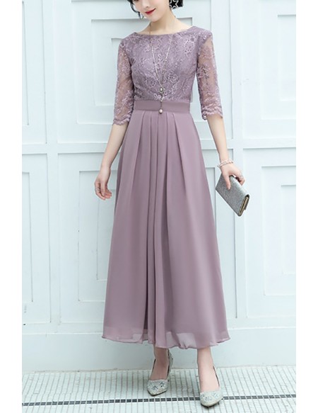 Elegant Maxi Chiffon Wedding Guest Dress With Lace Sleeves
