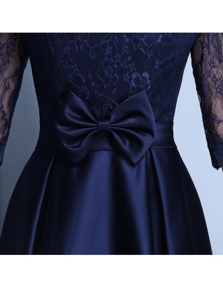 Navy Blue Tea Length Wedding Guest Dress With Bow Knot