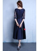 Navy Blue Tea Length Wedding Guest Dress With Bow Knot