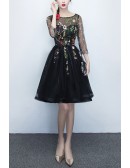 Floral Champagne Tulle Party Dress With Sheer Sleeves