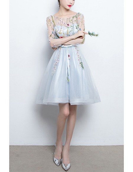 Floral Champagne Tulle Party Dress With Sheer Sleeves