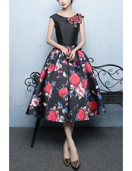 Retro Chic Tea Length Floral Printed Party Dress Sleeveless