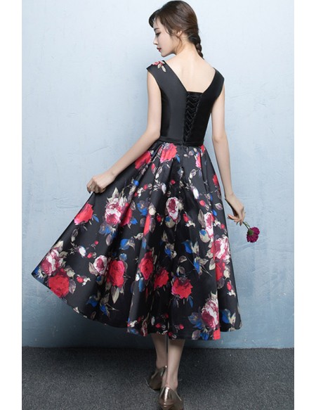 Retro Chic Tea Length Floral Printed Party Dress Sleeveless